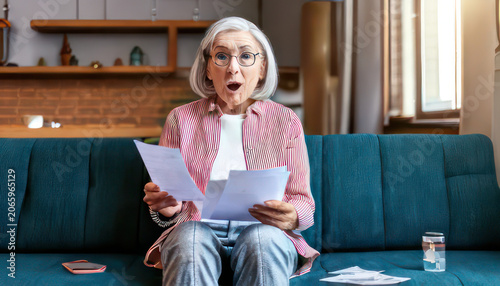 Surprised Senior Woman Holding Documents on Couch