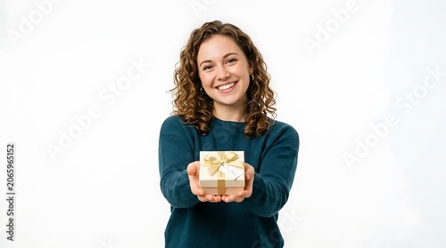 Woman holding a gift box with a gold ribbon on white background