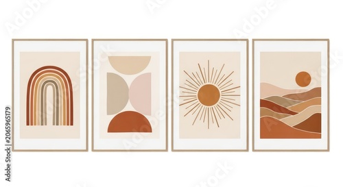 Boho Abstract Wall Art Prints - Minimalist Geometric Landscape Set.