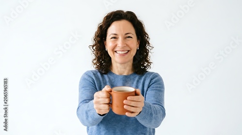 Smiling woman in blue sweater holding out a brown coffee mug isolated on white background
