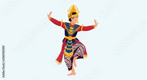 Traditional Indonesian Dancer in Colorful Costume Performing Graceful Movement.