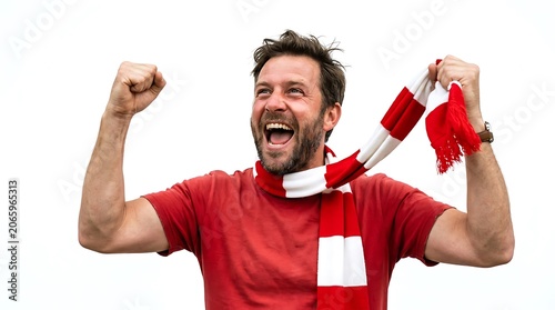 Man in red shirt and scarf flexing muscles isolated on white background