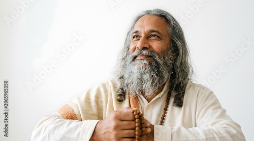 A serene indian man with long gray hair and a beard holding prayer beads