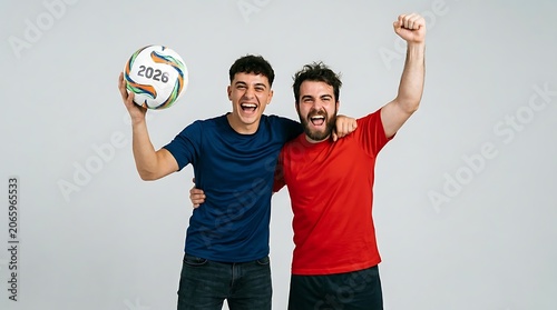 Two men in blue and red shirts celebrating with a soccer ball