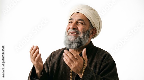 Elderly man in white turban and brown robe isolated on white background
