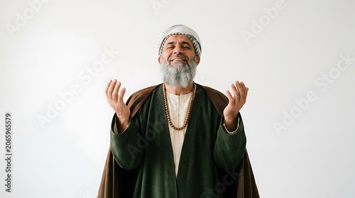 Smiling elderly man in traditional attire with hands raised