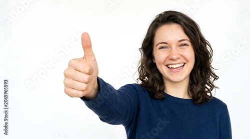 Smiling woman giving thumbs up isolated on white background