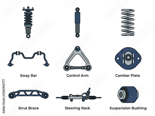 Automotive suspension component icon set featuring coilover, shock absorber, spring, sway bar, control arm, camber plate, strut brace, steering rack, suspension bushing, flat vector illustration