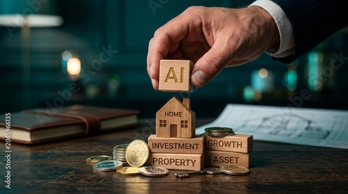 Hand places AI block atop wooden home investment blocks