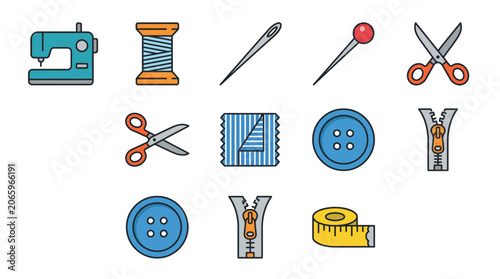 Foto Colorful sewing tools and accessories flat illustration.