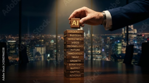 Hand places AI cube on stack of business concepts