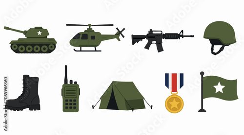 Tableau sur toile Military equipment and symbols flat vector icons set.