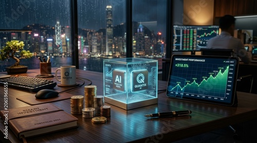 Glowing AI cube with stacked coins on office desk at night