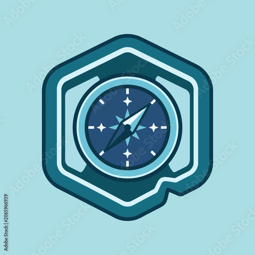 Fotografi A blue navigational compass icon set inside a geometric hexagon shape