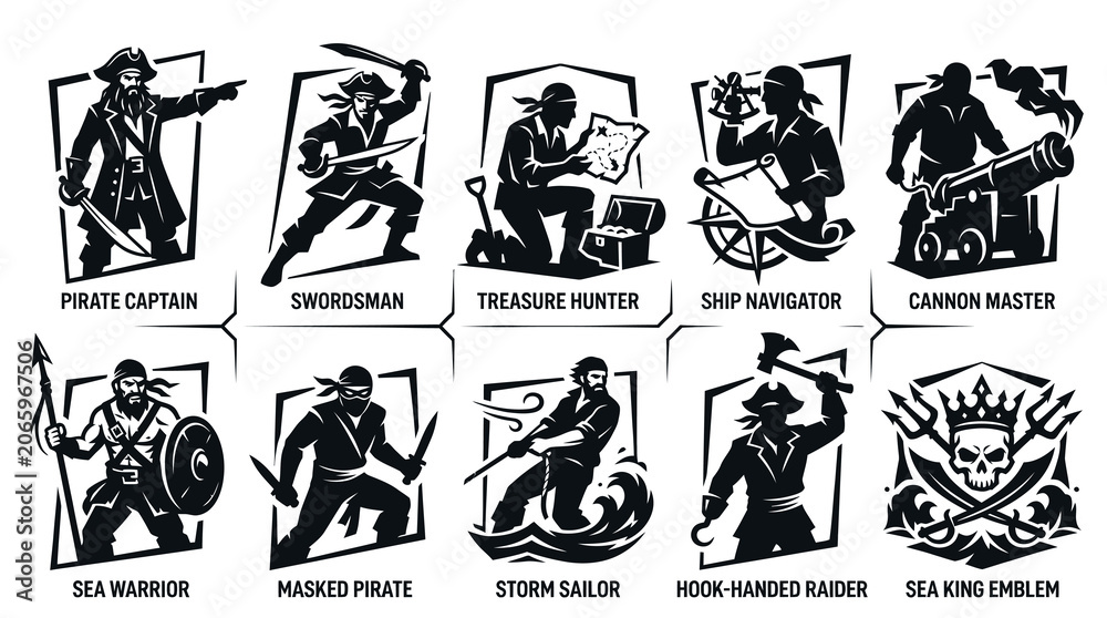 Fototapeta premium Pirate Crew Badges and Sea King Emblem Vector Shield Set