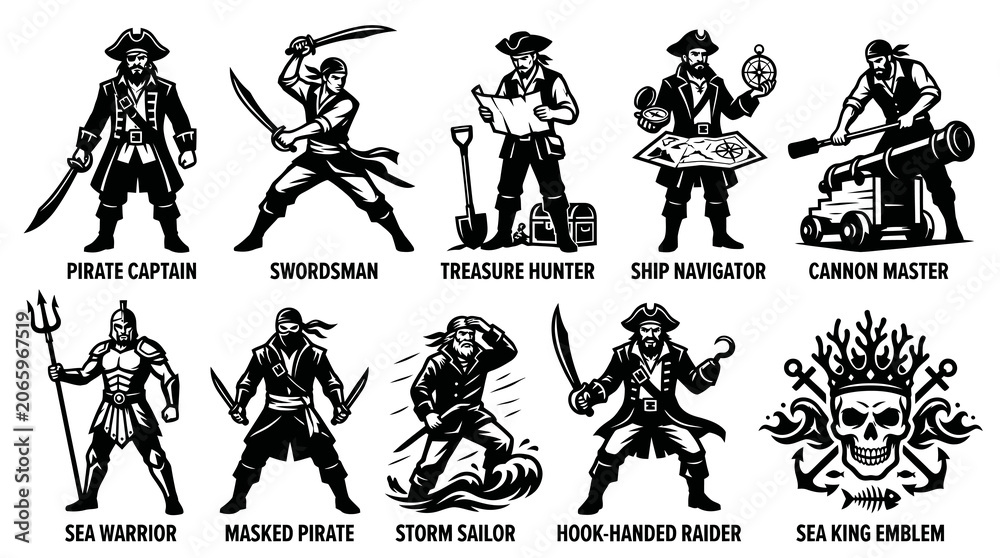 Fototapeta premium Pirate Characters and Sea King Emblem Vector Illustration Set