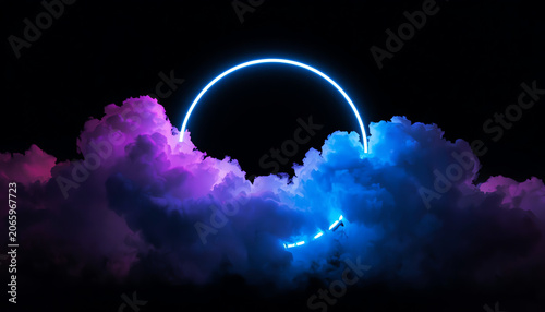 3d rendering. Neon cloud with glowing ring, isolated on black background. Round frame. Fantastic wallpaper