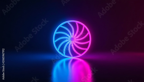3d render, abstract neon background with glowing ball, pink blue twisted spiral lines on the sphere surface