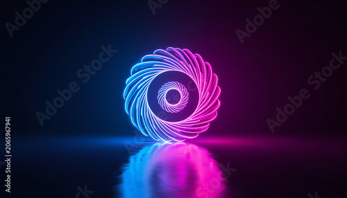 3d render, abstract neon background with glowing ball, pink blue twisted spiral lines on the sphere surface