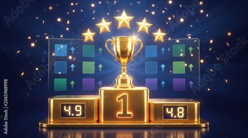 Golden trophy on a winner's podium with five-star rating and performance metrics; award ceremony with golden cup, five-star ranking, and performance dashboard.