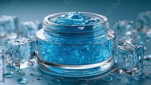 Blue Gel Cream in Clear Jar Surrounded by Ice Cubes and Water