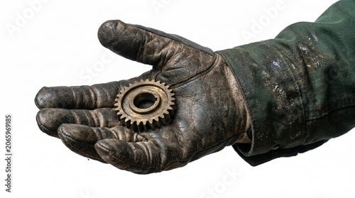 Worker wearing a dirty leather glove holding a small metal gear in his open palm, isolated on white background.