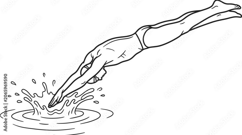 Fototapeta premium Swimmer Diving into Water - Line Art Illustration