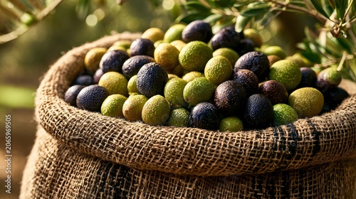 Fresh Green and Black Olives in Burlap Sack for Farming Concept