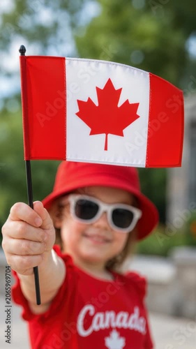 Happy child holding Canadian flag, joyful celebration of national pride, girl wearing red hat and sunglasses, outdoor summer festivity, patriotic spirit, Maple Leaf emblem, Canada Day festivities