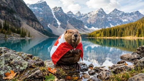 Beaver wrapped in Canadian flag with scenic mountain lake backdrop, symbolizing Canada Day celebration, wildlife patriotism, national pride, majestic landscape nature