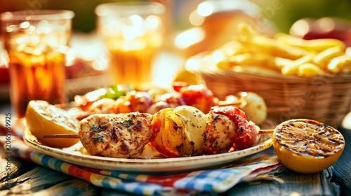 Delicious Chicken Kebabs with Grilled Vegetables and French Fries - Premium Food Photography