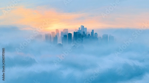 Serene City Skyline Peeking Through Soft Blue Clouds at Warm Sunrise