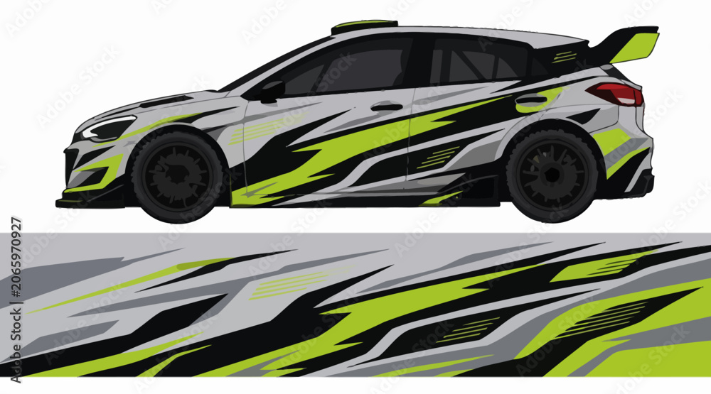 Fototapeta premium White rally car with green and black racing decals.