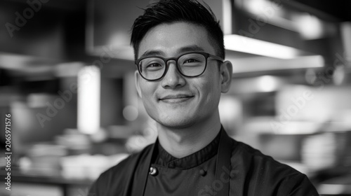 Smiling chef in a professional kitchen setting
