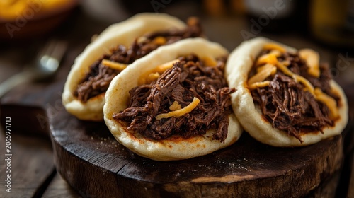 Delicious shredded meat buns on a wooden board