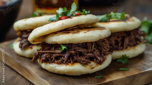 Delicious, savory beef buns.  Crispy, soft buns filled with tender, flavorful braised beef. Fresh herbs garnish the top