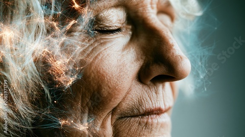 Elderly Woman Head Glows with Neural Network Effect - Professional Image