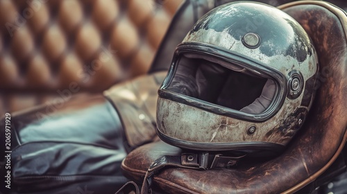 Vintage motorcycle helmet resting on a classic bike seat