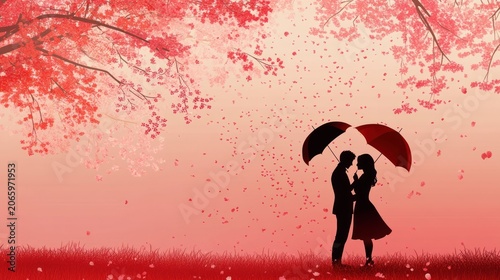 Romantic couple under cherry blossom trees.  Silhouette of lovers sharing a moment beneath a canopy of blooming trees.  Soft pink and red tones create a dreamy and tender atmosphere