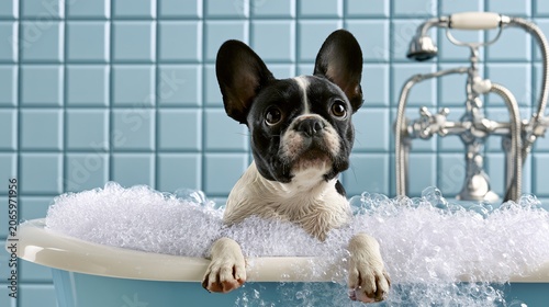 Adorable French Bulldog Enjoying Bubble Bath in Clawfoot Tub