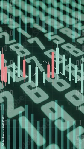 Animated Trading Candlestick Chart with Technical Analysis Indicators, Financial Market Data and Investment Strategy Background
