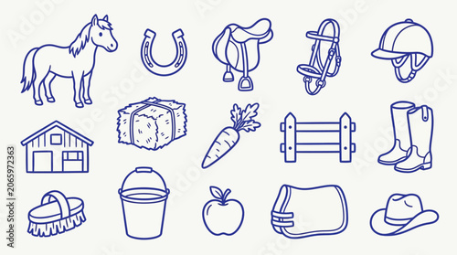 Bild auf Leinwand Collection of hand-drawn equestrian and farm-related icons, including a horse, saddle, bridle, helmet, horseshoe, barn, hay bale, carrot, apple, fence, boots, brush, bucket, and hat
