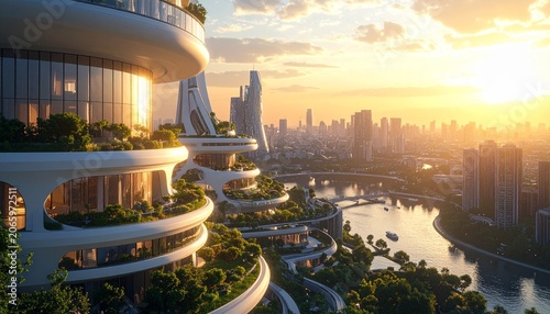Modern Cityscape with Futuristic Buildings at Sunset.