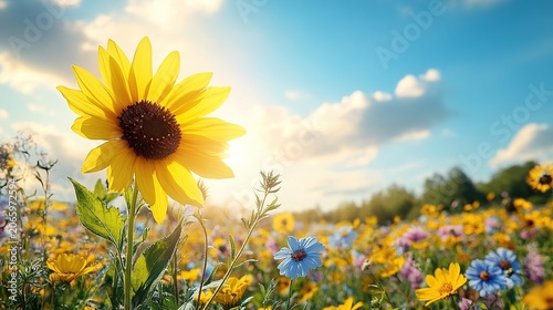 Expansive Sunflower Field Reaching Toward a Bright Blue Sky with Radiant Yellow Blossoms