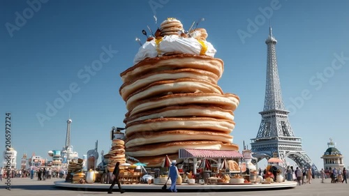 Giant Pancakes in Paris: A colossal stack of golden pancakes, adorned with whipped cream and syrup, stands proudly in front of the iconic Eiffel Tower.