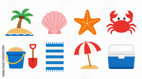Colorful beach icons for summer vacation graphics.
