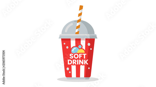 Foto A Refreshing Treat: A vibrant red and white striped cup filled with a fizzy soft drink, topped with a dome lid and a colorful striped straw, perfect for a hot day