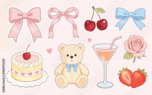 Cute Coquette Sticker Set Hand Drawn Teddy Bear Ribbon Cake and Floral Elements