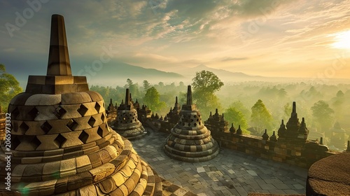 Golden Horizon Over Serene Ancient Stupa Field and Buddhist Temple Complex at Sunset