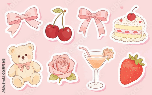 Cute Coquette Sticker Set with Pink Bows, Teddy Bear, Cherries and Sweet Dessert